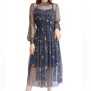 YM YOUMU Sheer Mesh Stars Moon Space Embroidered Long Puff Sleeve Princess Dress